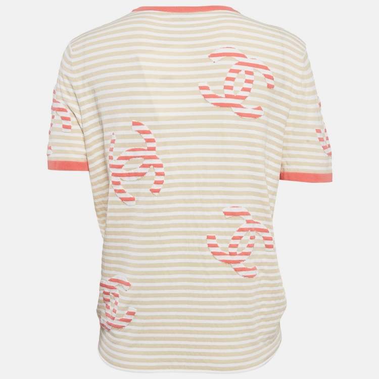 Pre Owned Chanel Beige/White Stripe Logo Jacquard Cotton Knit Tie-Up Top M