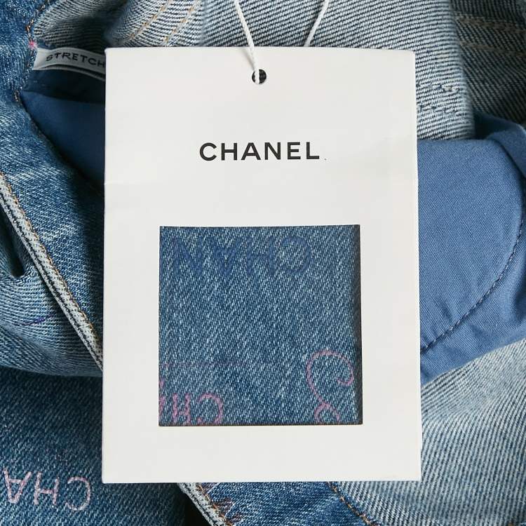 Pre Owned Chanel Blue Logo All Over Print Denim Jeans M Waist 27"