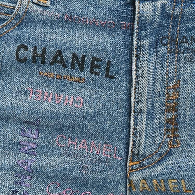 Pre Owned Chanel Blue Logo All Over Print Denim Jeans M Waist 27"