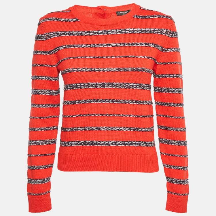 Pre Owned Chanel Red Lurex Stripe Cashmere Knit Button Back Pullover M