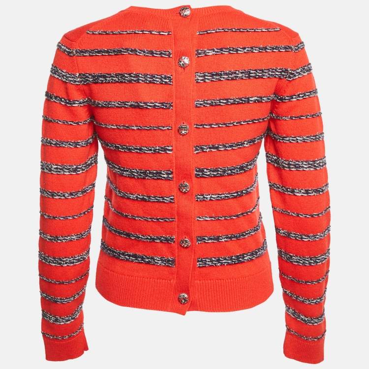 Pre Owned Chanel Red Lurex Stripe Cashmere Knit Button Back Pullover M