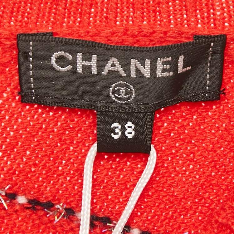 Pre Owned Chanel Red Lurex Stripe Cashmere Knit Button Back Pullover M