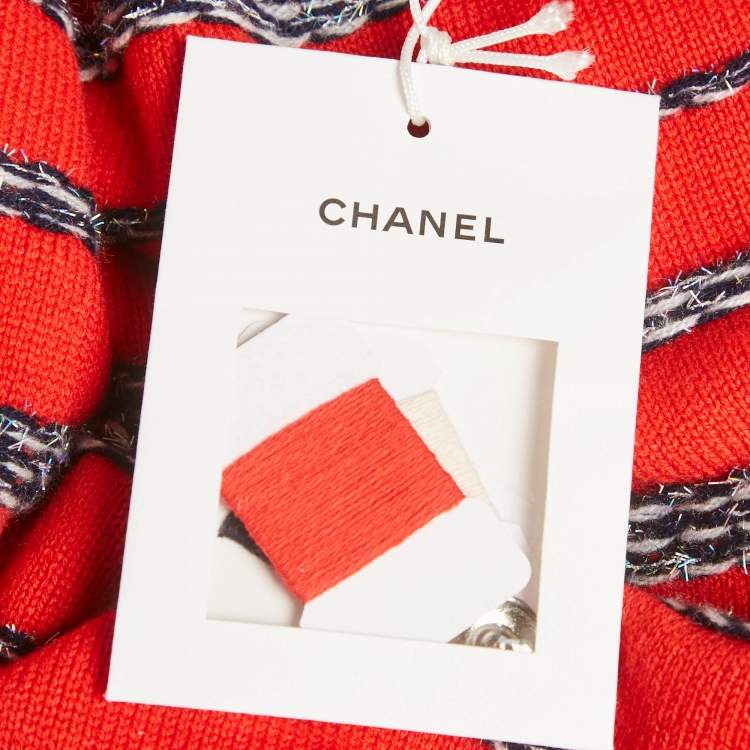 Pre Owned Chanel Red Lurex Stripe Cashmere Knit Button Back Pullover M