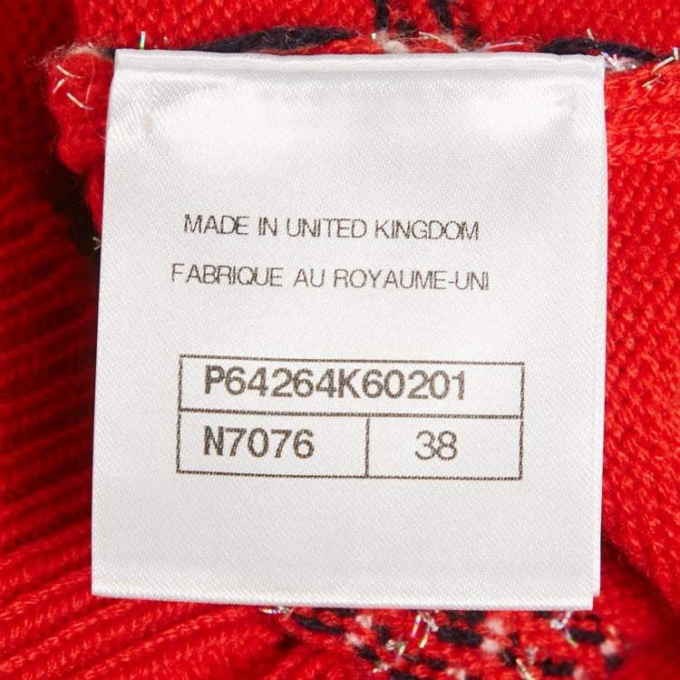 Pre Owned Chanel Red Lurex Stripe Cashmere Knit Button Back Pullover M