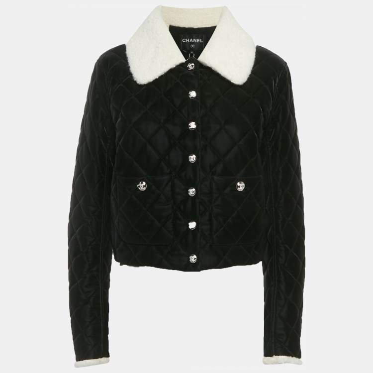 Pre Owned Chanel Black Faux Shearling Satin Finish Quilted Jacket M