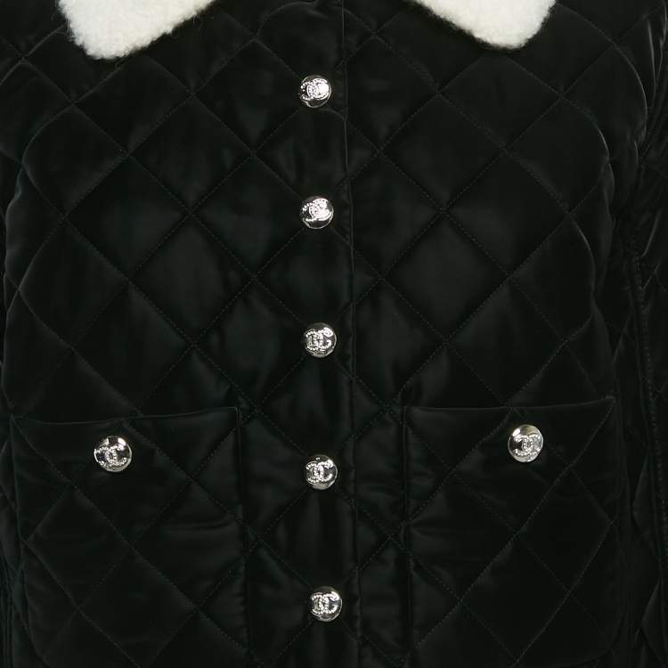 Pre Owned Chanel Black Faux Shearling Satin Finish Quilted Jacket M