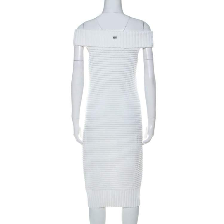 Pre Owned Chanel White Cotton Blend Rib Knit Off-Shoulder Fitted Dress L