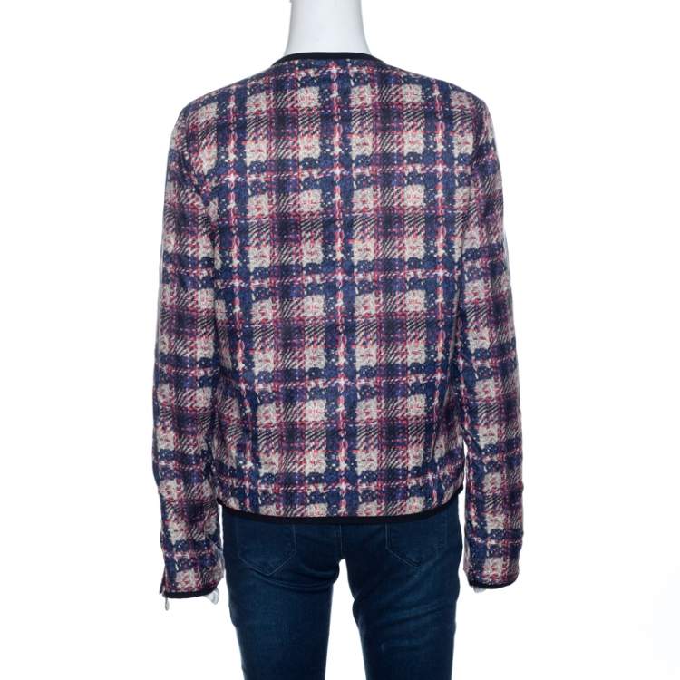 Pre Owned Chanel Multicolor Checked Tweed Print Technical Fabric Reversible Jacket M 
