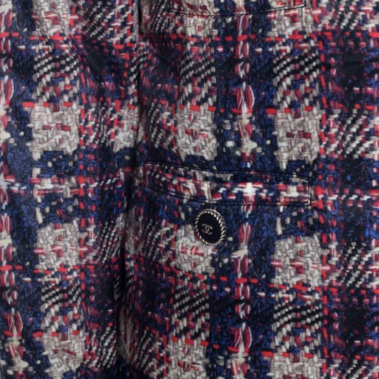 Pre Owned Chanel Multicolor Checked Tweed Print Technical Fabric Reversible Jacket M 
