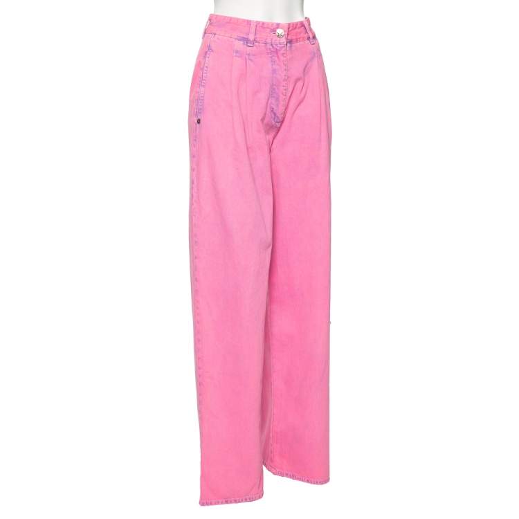 Chanel Neon Pink Denim High Waisted Wide Leg Jeans S Chanel