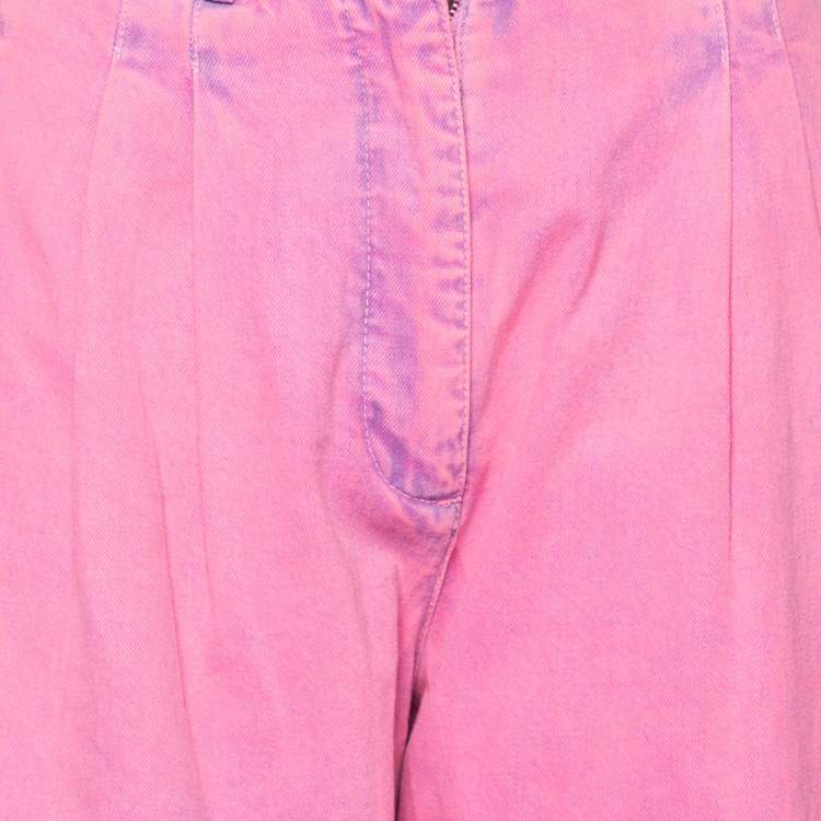 Pre Owned Chanel Neon Pink Denim High Waisted Wide Leg Jeans S