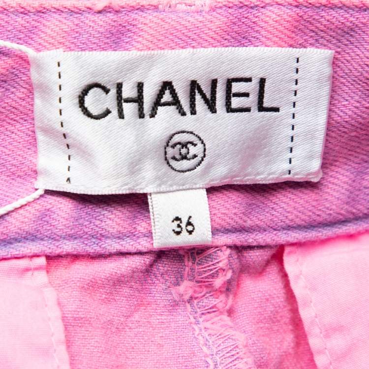 Pre Owned Chanel Neon Pink Denim High Waisted Wide Leg Jeans S