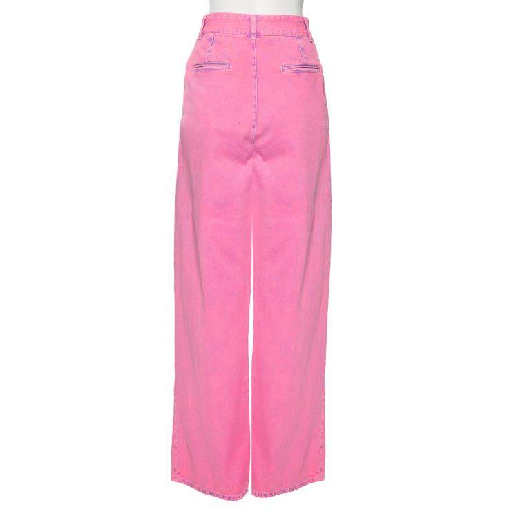 Pre Owned Chanel Neon Pink Denim High Waisted Wide Leg Jeans S