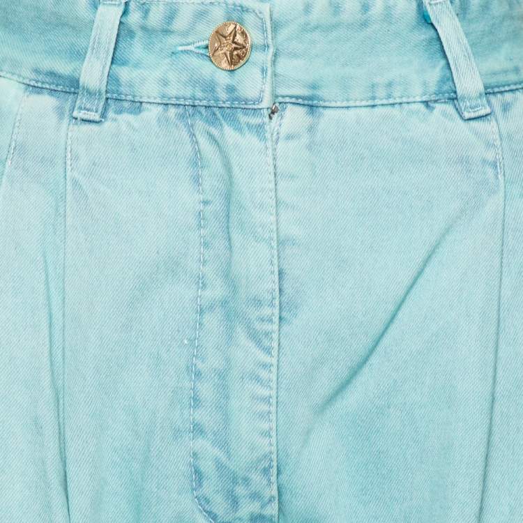 Pre Owned Chanel Light Blue Denim High Waisted Wide Leg Jeans S