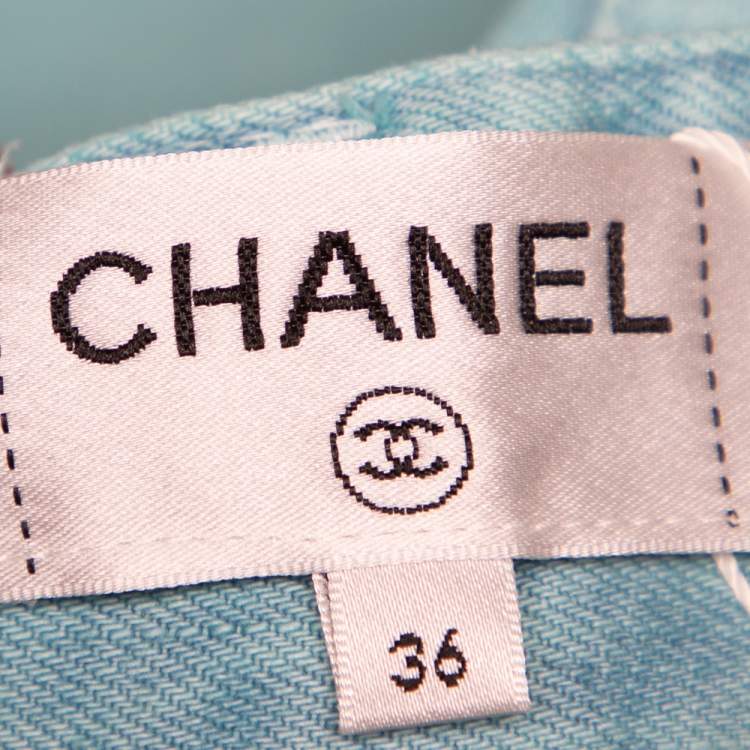 Pre Owned Chanel Light Blue Denim High Waisted Wide Leg Jeans S