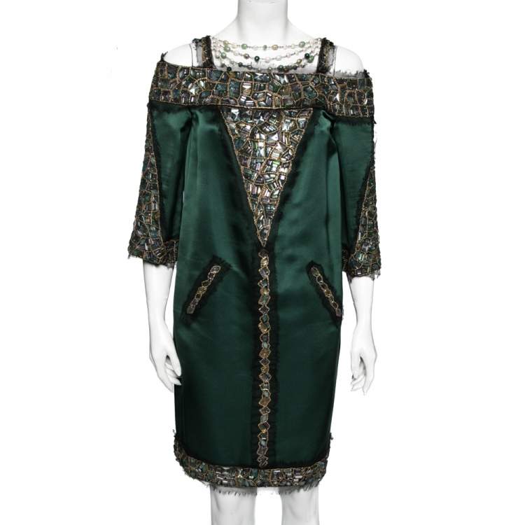 Chanel Green Silk Crystal Embellished and Lace Trims Dress M Chanel | The  Luxury Closet