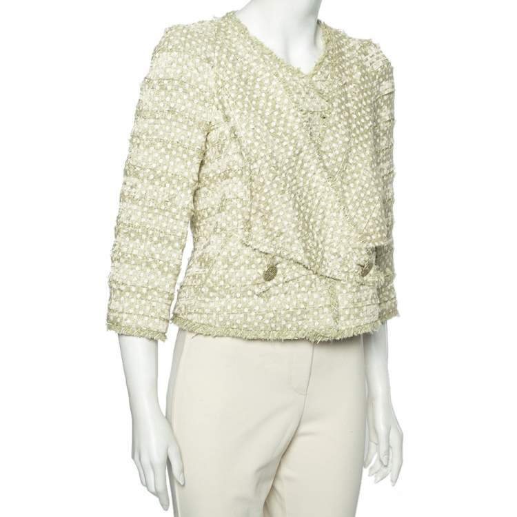 مملوكة مسبقًا Chanel Green Polka Dotted Overlay Tweed Button Front Blazer M