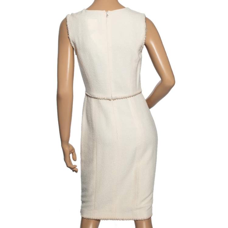Pre Owned Chanel Cream Textured Wool Sleeveless Dress M 