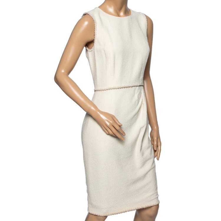Pre Owned Chanel Cream Textured Wool Sleeveless Dress M 