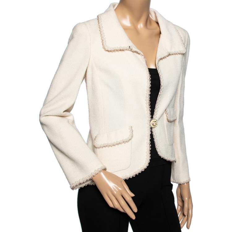 Pre Owned Chanel Cream Textured Wool Button Front Blazer Jacket M 
