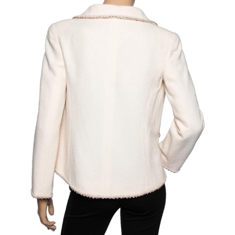 Pre Owned Chanel Cream Textured Wool Button Front Blazer Jacket M 