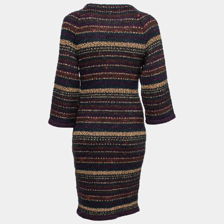 Pre Owned Chanel Multicolor Striped Lurex Knit Wool Button Detail Dress M