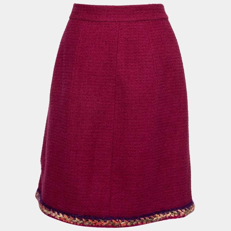 Pre Owned Chanel Burgundy Tweed Braid Trimmed Skirt L