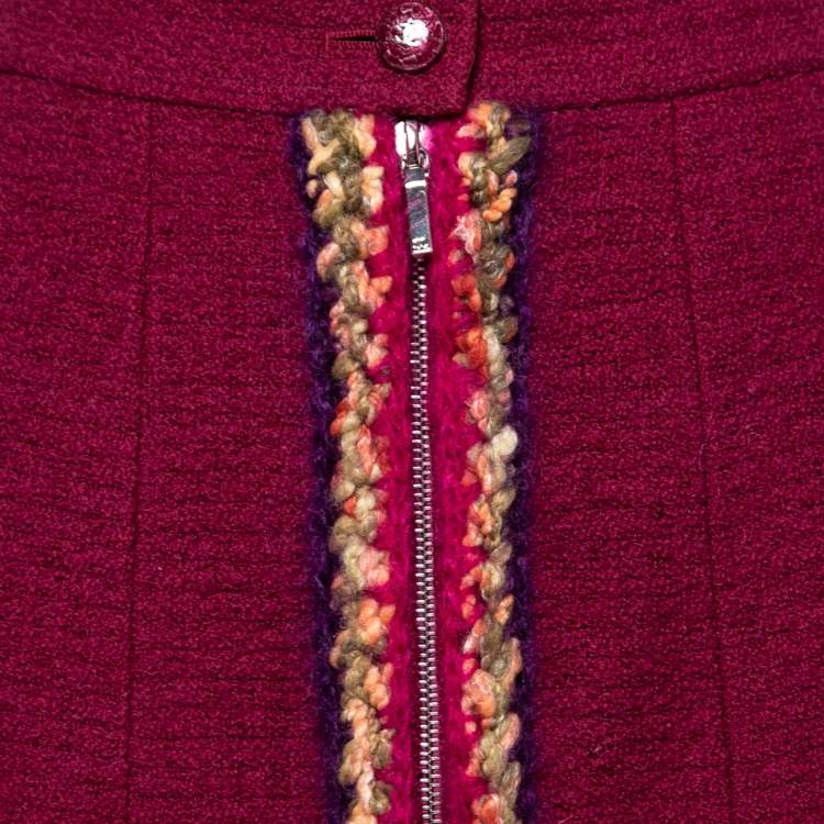 Pre Owned Chanel Burgundy Tweed Braid Trimmed Skirt L