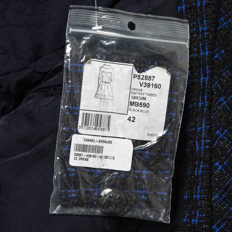 مملوكة مسبقًا Chanel Black & Blue Tweed Pleated Midi Dress L