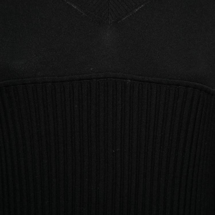 Pre Owned Chanel Black Rib Knit & Tulle Inset Detailed Dress L