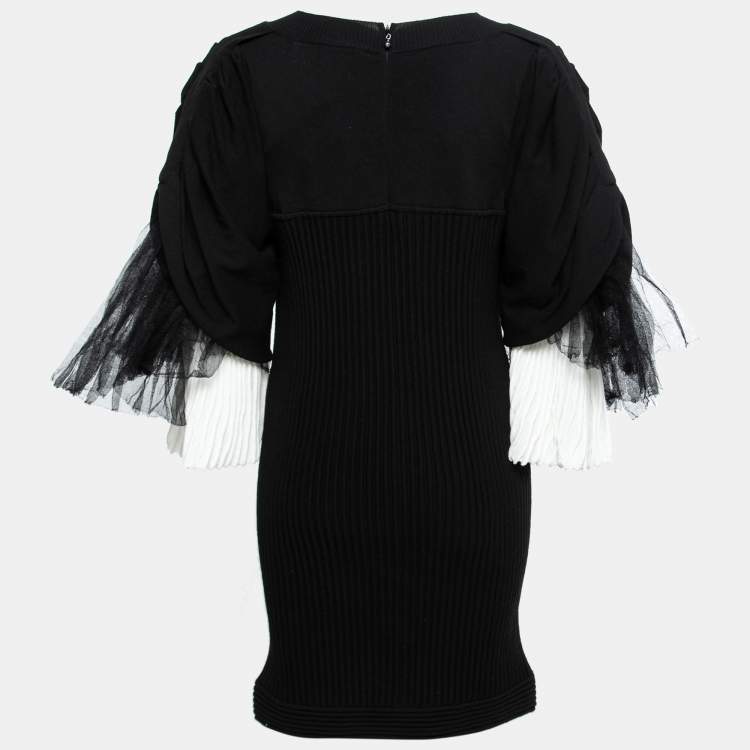 Pre Owned Chanel Black Rib Knit & Tulle Inset Detailed Dress L
