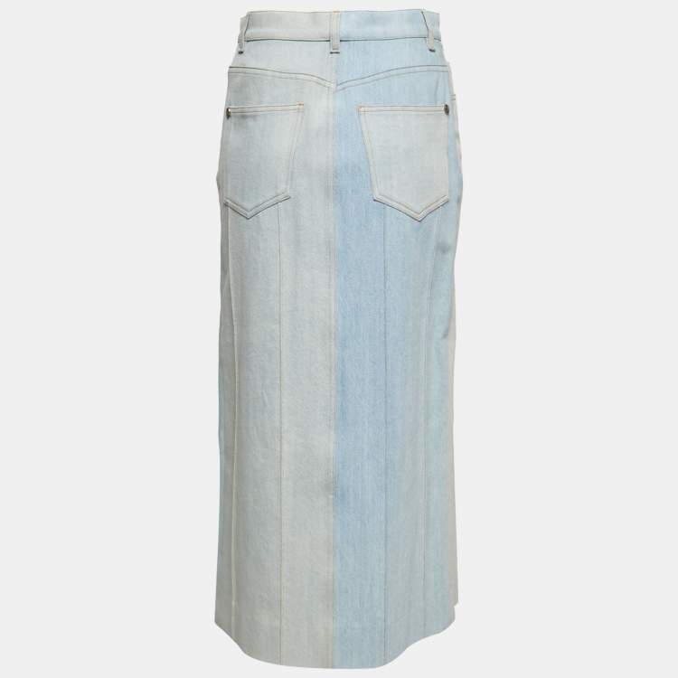 Pre Owned Chanel Light Blue Washed Denim Midi Skirt M