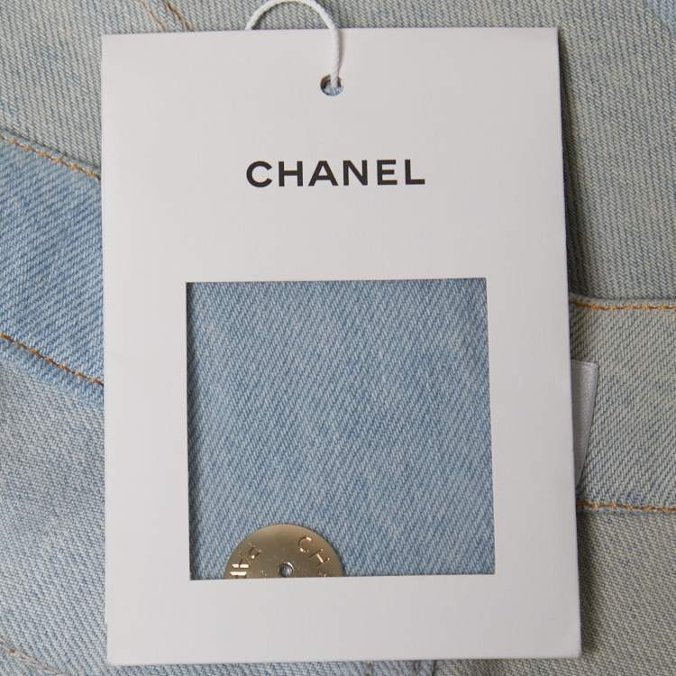 Pre Owned Chanel Light Blue Washed Denim Midi Skirt M
