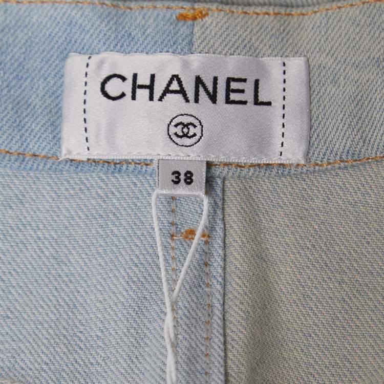 Pre Owned Chanel Light Blue Washed Denim Midi Skirt M