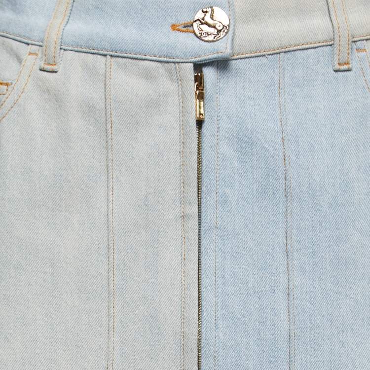Pre Owned Chanel Light Blue Washed Denim Midi Skirt M