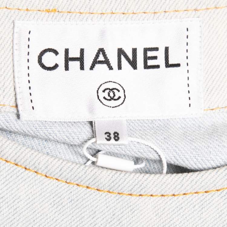 Pre Owned Chanel Light Blue Washed Denim Cap Sleeve Shift Dress M