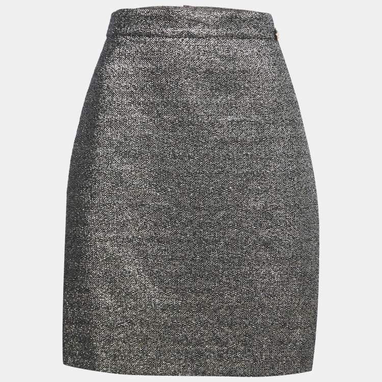 Pre Owned Chanel Gold Metallic Tweed A-Line Knee-Length Skirt L