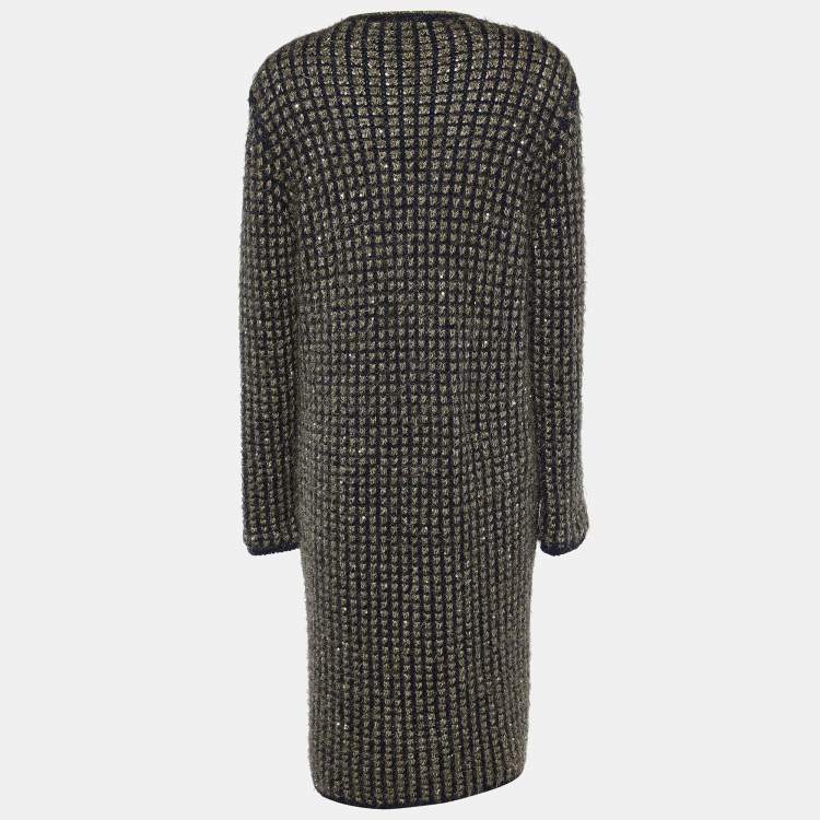 Pre Owned Chanel Black/Metallic Lurex Knit Buttoned Long Cardigan Coat L
