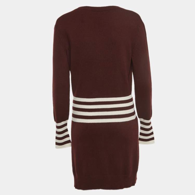 Pre Owned Chanel Burgundy Striped Cashmere Sweater Dress L