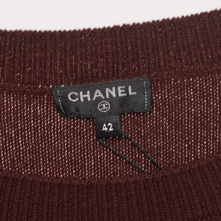 Pre Owned Chanel Burgundy Striped Cashmere Sweater Dress L