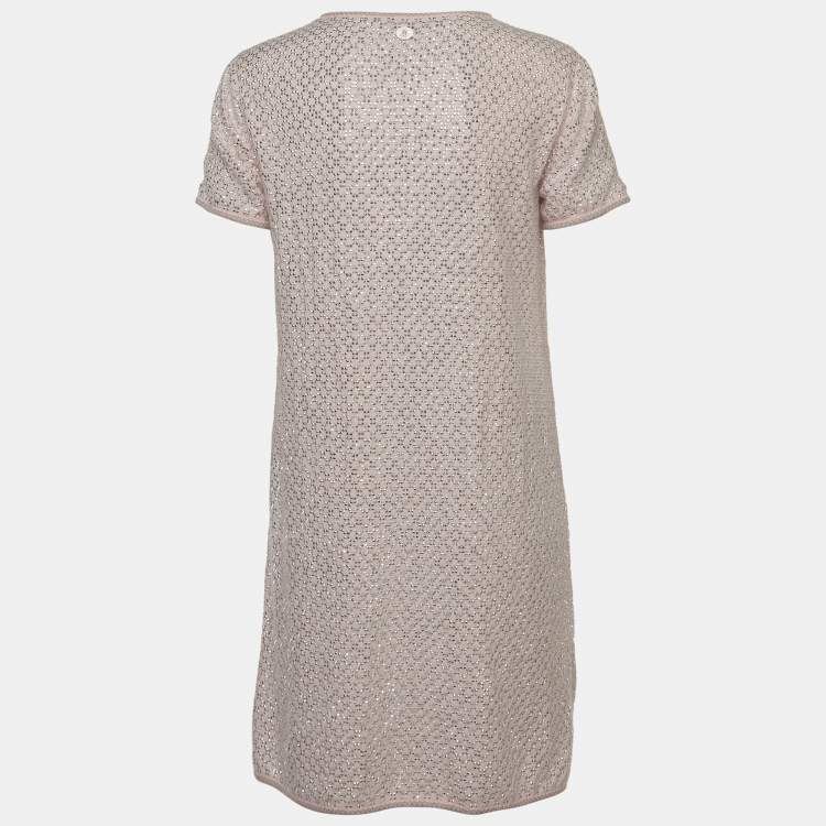 Pre Owned Chanel Pink Rhinestone Embellished Angora Wool Mini Dress M