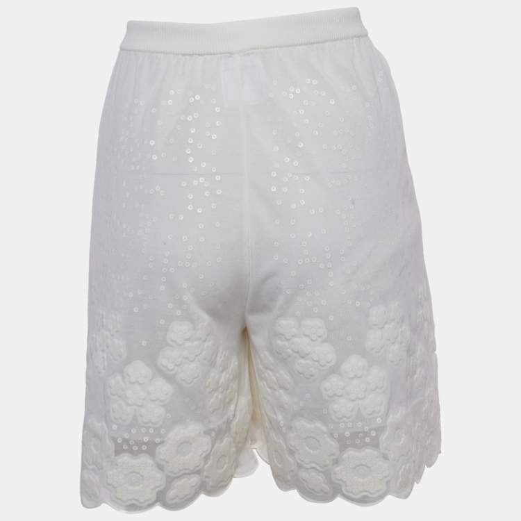 Pre Owned Chanel White Sequin Embroidered Mesh Scalloped Shorts L