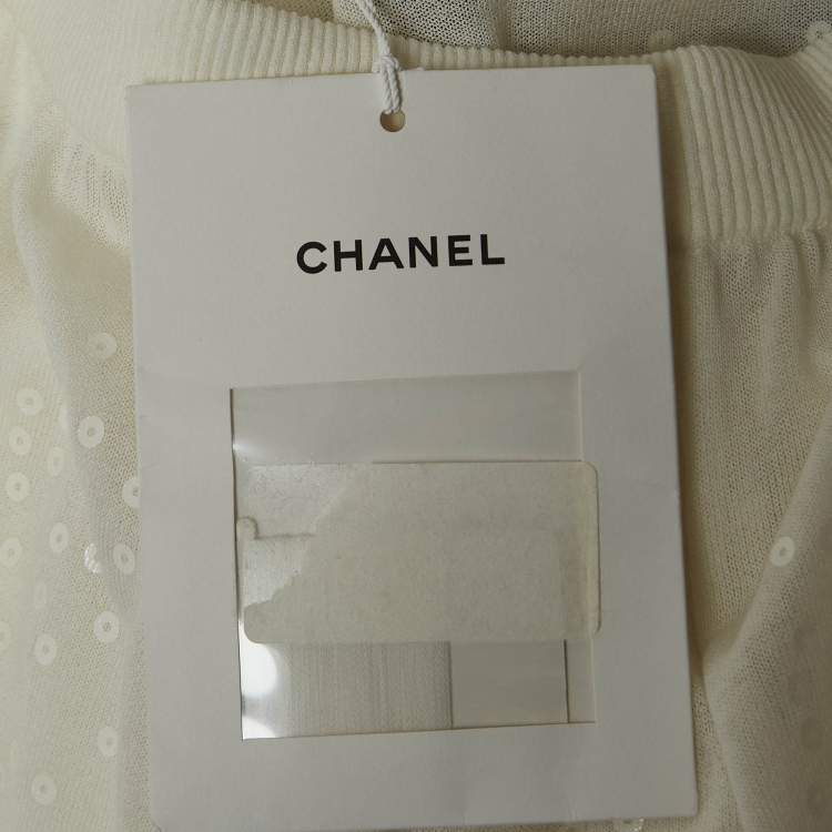 Pre Owned Chanel White Sequin Embroidered Mesh Scalloped Shorts L