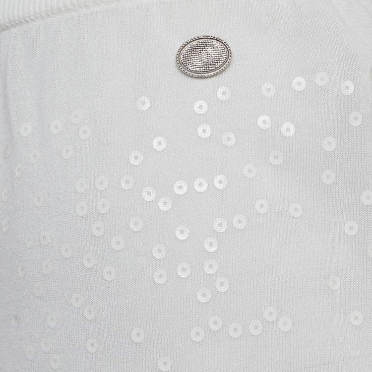 Pre Owned Chanel White Sequin Embroidered Mesh Scalloped Shorts L