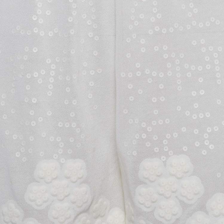 Pre Owned Chanel White Sequin Embroidered Mesh Scalloped Shorts L
