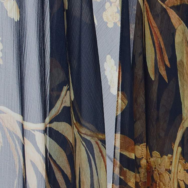 Pre Owned Chanel Navy Blue Floral Print Silk Open Front Coverup Kaftan S