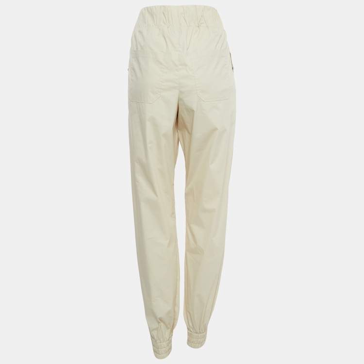 Pre Owned Chanel Light Beige Cotton Blend Waist Tie Detail Elasticated Hem Trousers M