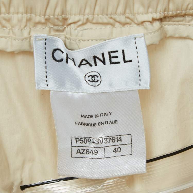 Pre Owned Chanel Light Beige Cotton Blend Waist Tie Detail Elasticated Hem Trousers M