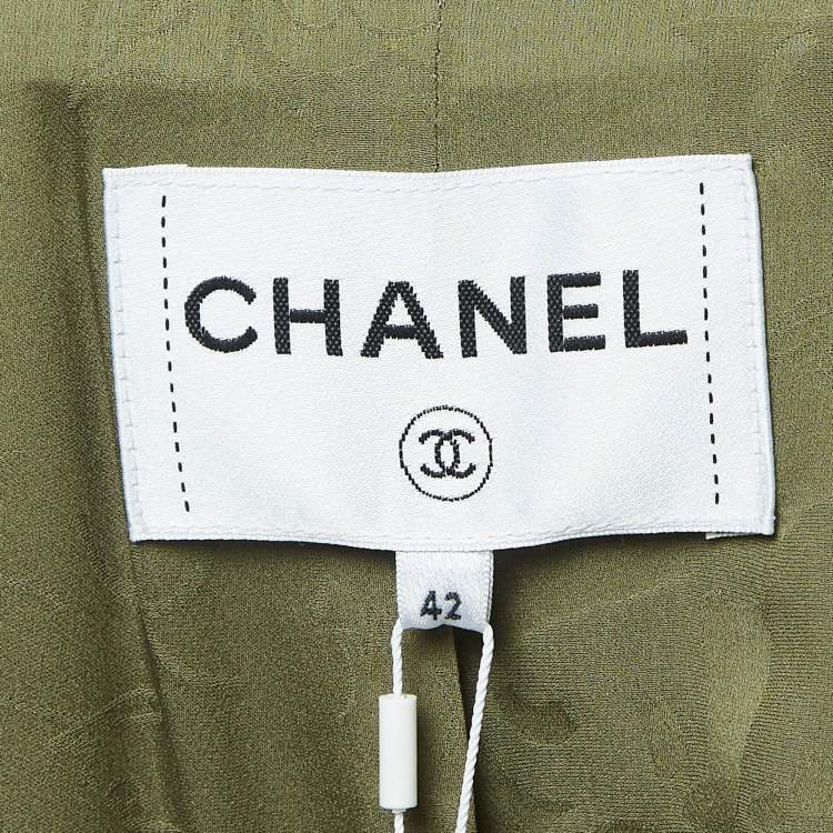 Pre Owned Chanel Green Gabardine Cuba Fringed Short Sleeve Jacket L 