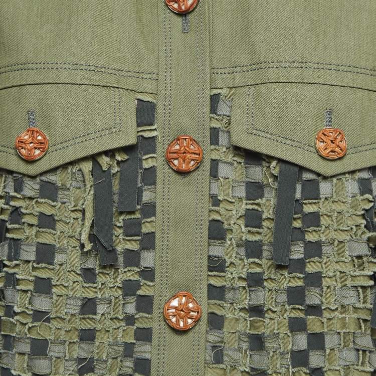 Pre Owned Chanel Green Gabardine Cuba Fringed Short Sleeve Jacket L 